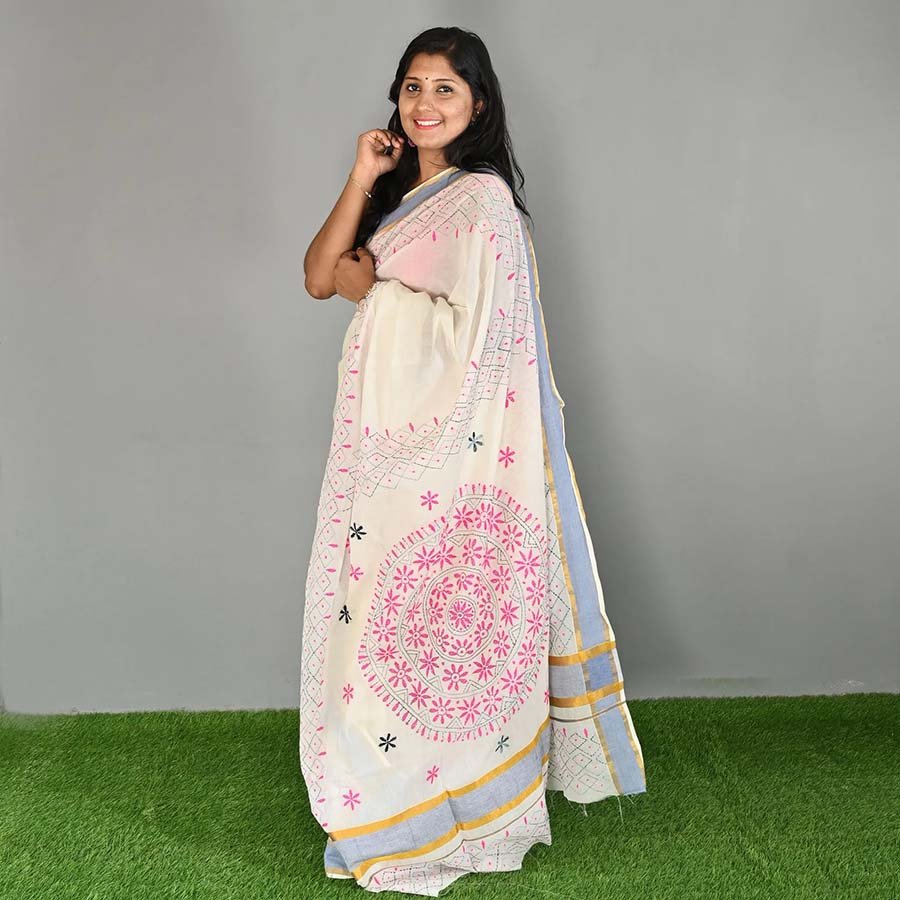 Kantha Work Kerala Saree With Pastel Colour Border
