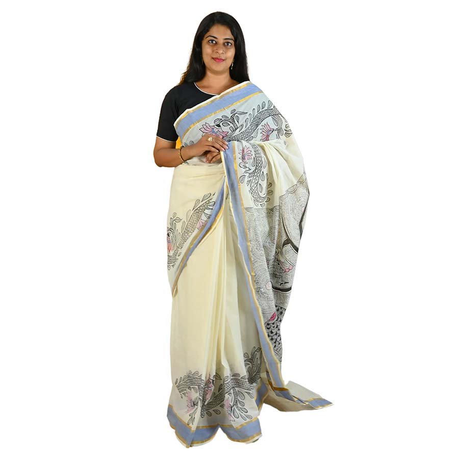 Kerala Cotton Kasavu Saree With Madhubani Folk Art
