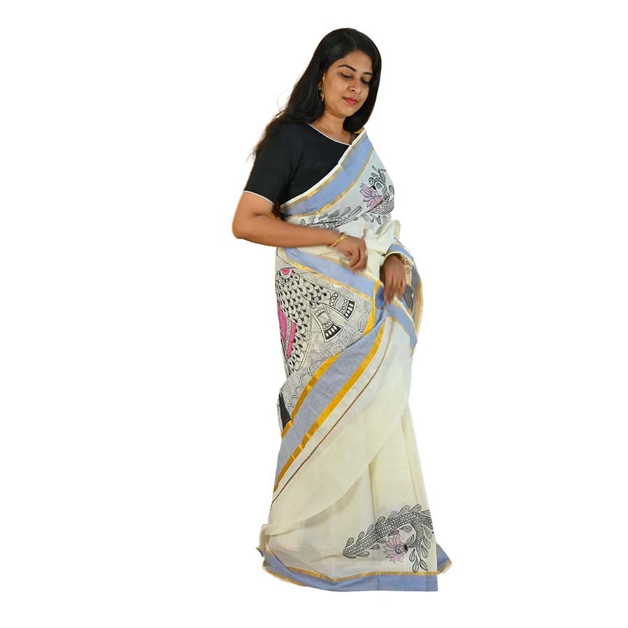 Kerala Cotton Kasavu Saree With Madhubani Folk Art
