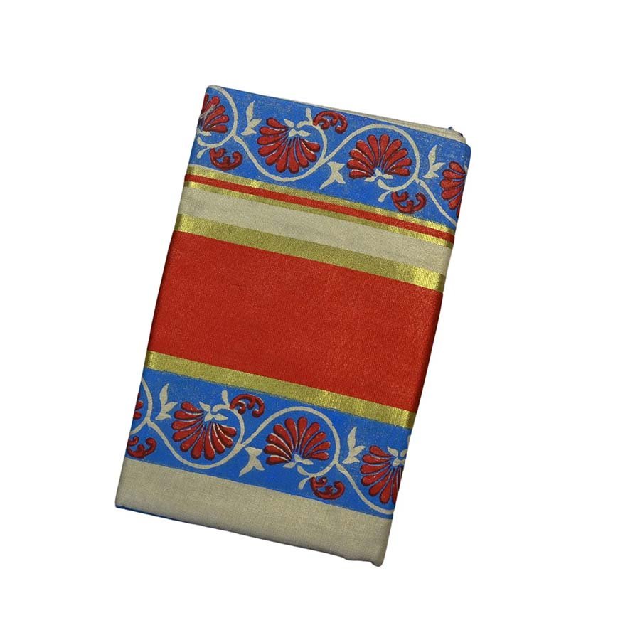 Hand Block Prints In Golden Kasavu Tissue Cotton Saree
