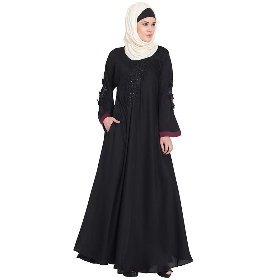 Nazneen Embroidered Patch Umbrella Black Abaya 