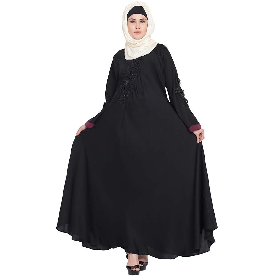 Nazneen Embroidered Patch Umbrella Black Abaya 