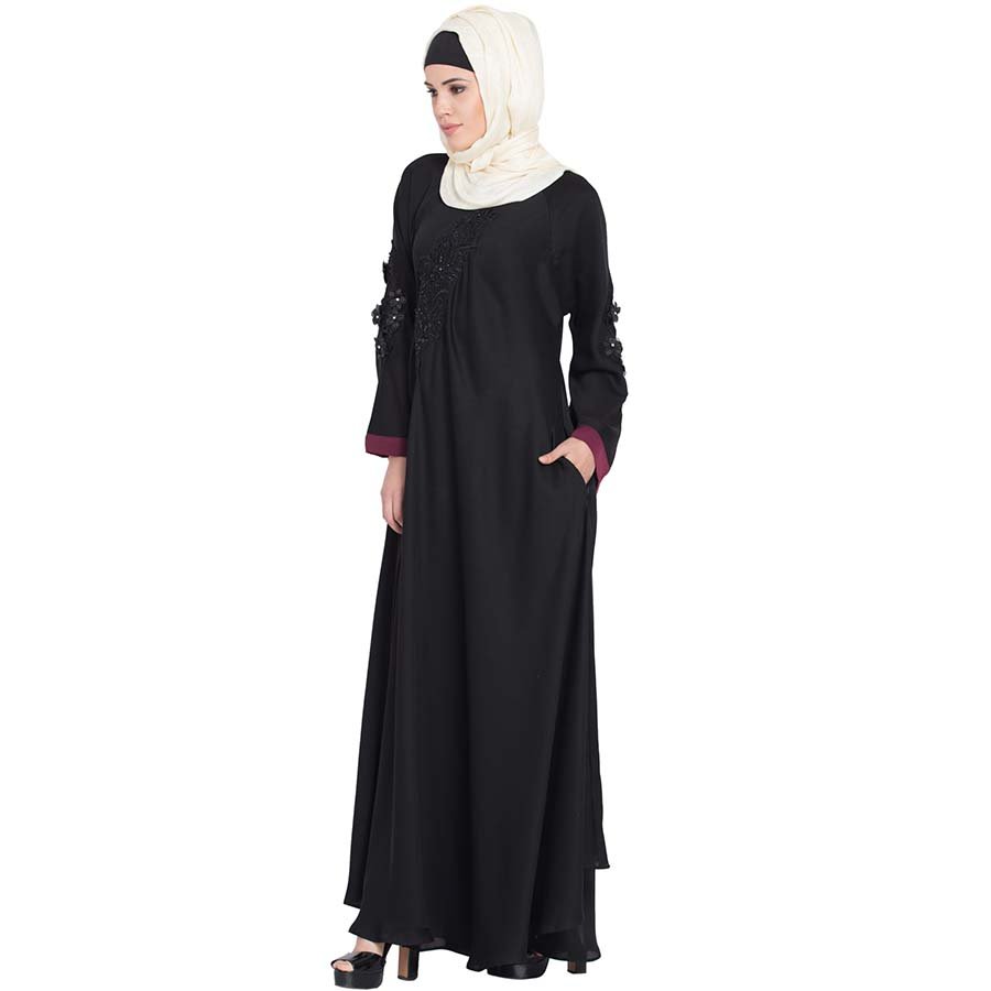 Nazneen Embroidered Patch Umbrella Black Abaya 