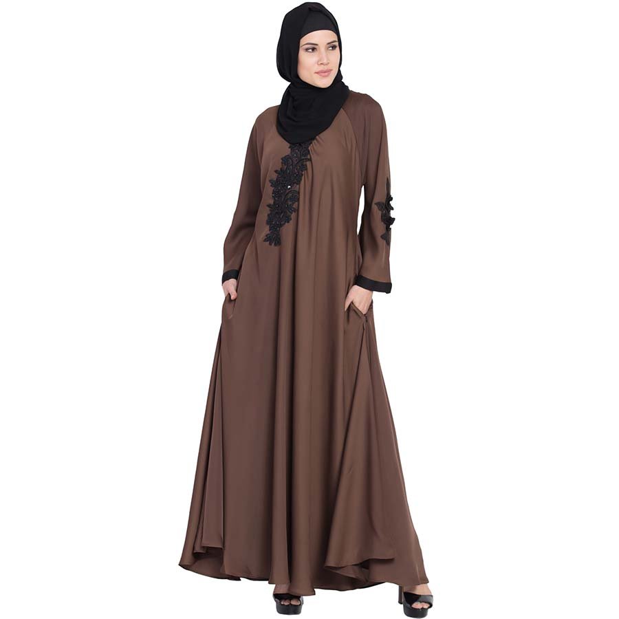 Nazneen Embroidered Patch Umbrella Abaya Coffee Brown