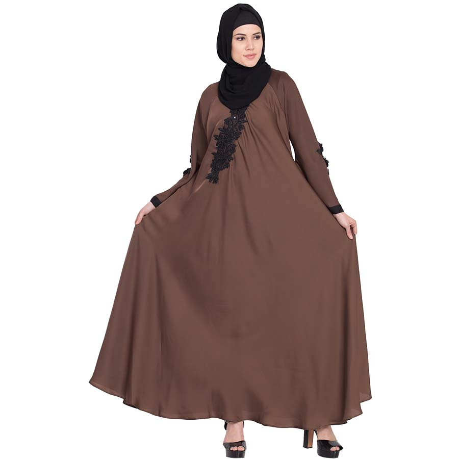 Nazneen Embroidered Patch Umbrella Abaya Coffee Brown