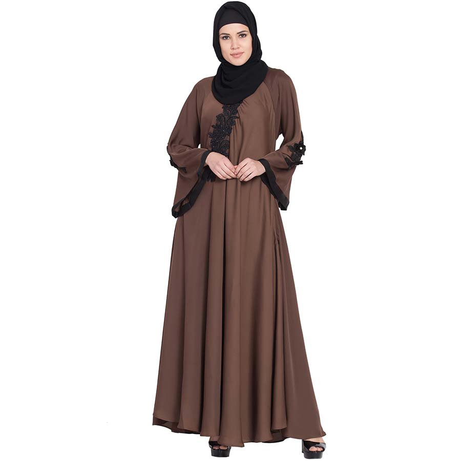 Nazneen Embroidered Patch Umbrella Abaya Coffee Brown