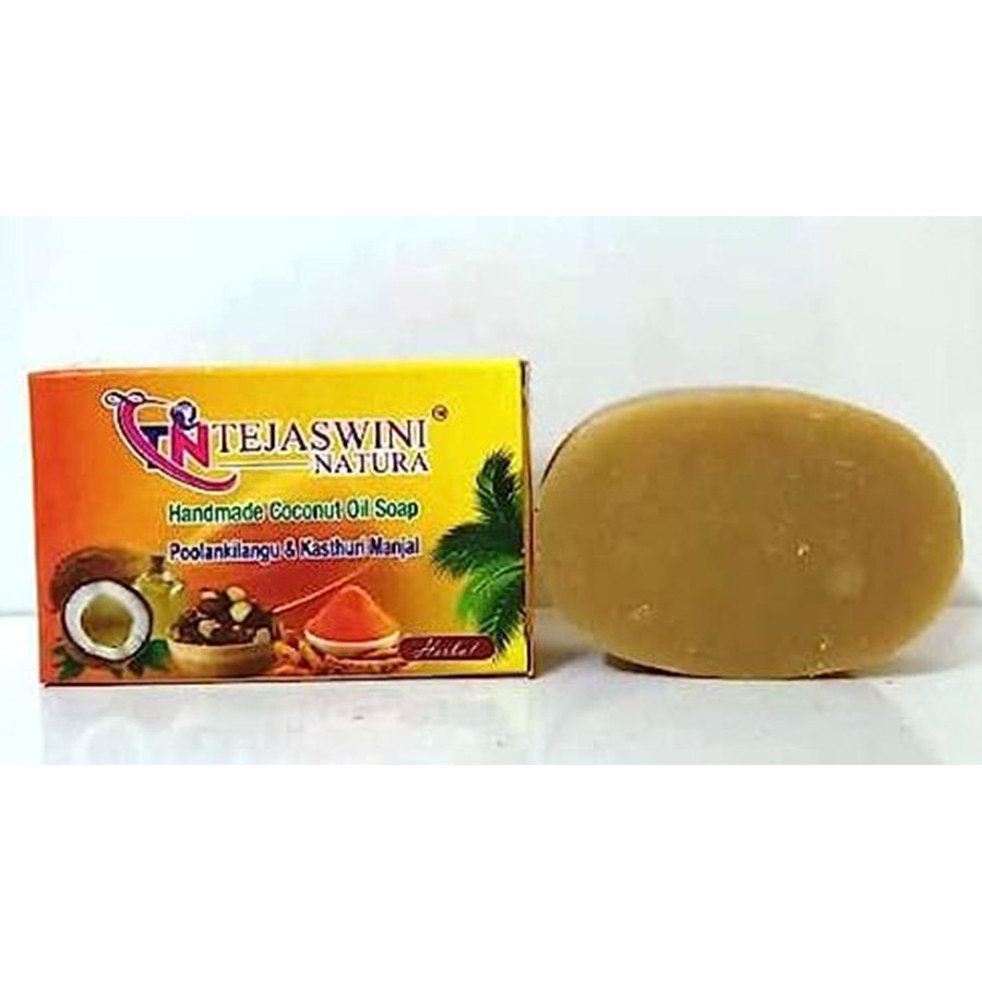 Tejaswini Natura Homemade Coconut Oil Soap Poolankizhanku And Kasthuri Manjal White Turmeric And Wild Turmeric  Regular Pack 5 Nos X 75 Grams. Tejaswini Natura homemade coconut oil soap is made with 100% pure coconut oil extracted through chekku.. Natural Ingredients, Herbs added in direct form ( No Extract or essence). No artificial colouring agent. No talc powder.
