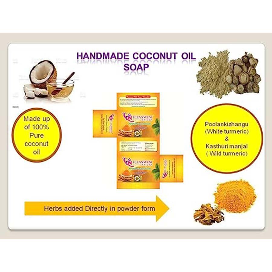 Tejaswini Natura Homemade Coconut Oil Soap Poolankizhanku And Kasthuri Manjal White Turmeric And Wild Turmeric  Regular Pack 5 Nos X 75 Grams. Tejaswini Natura homemade coconut oil soap is made with 100% pure coconut oil extracted through chekku.. Natural Ingredients, Herbs added in direct form ( No Extract or essence). No artificial colouring agent. No talc powder.
