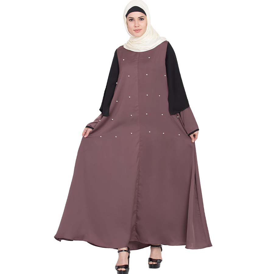 Nazneen Double Sleeve Pearl beaded Abaya Plum Brown Black