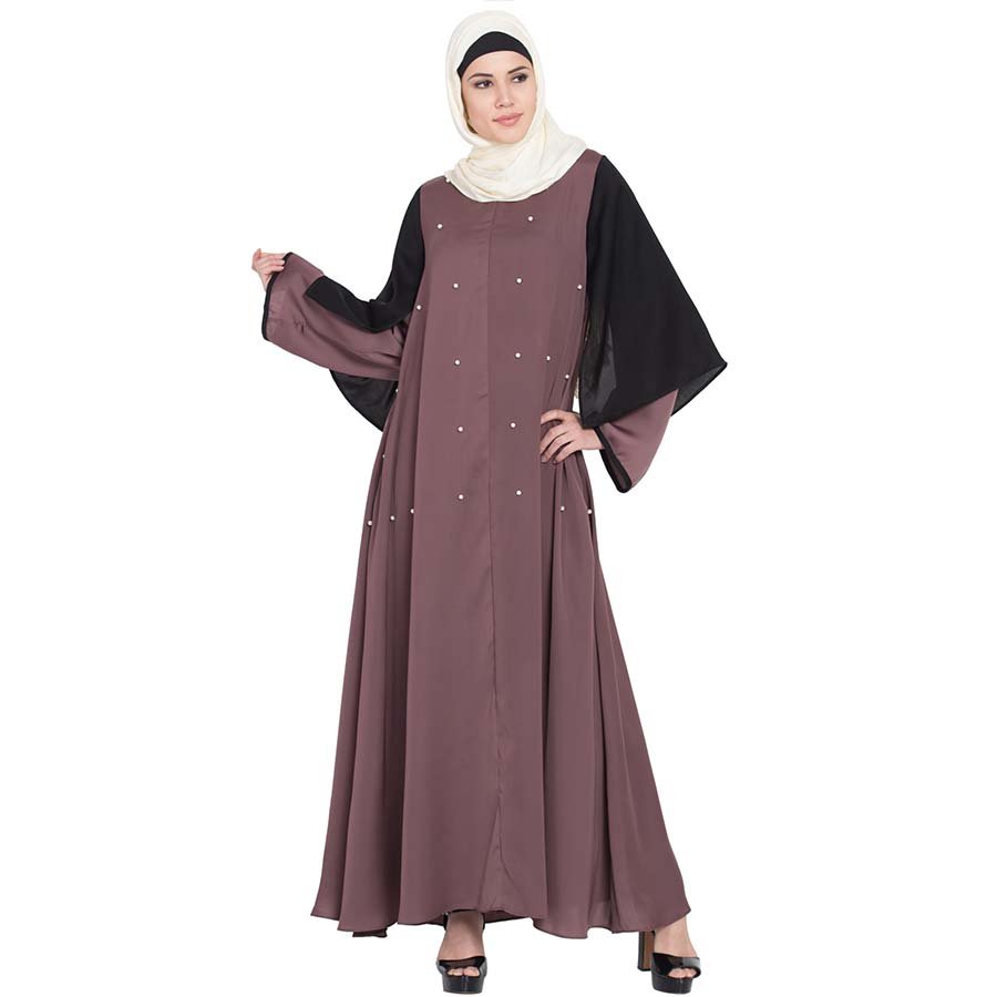 Nazneen Double Sleeve Pearl beaded Abaya Plum Brown Black