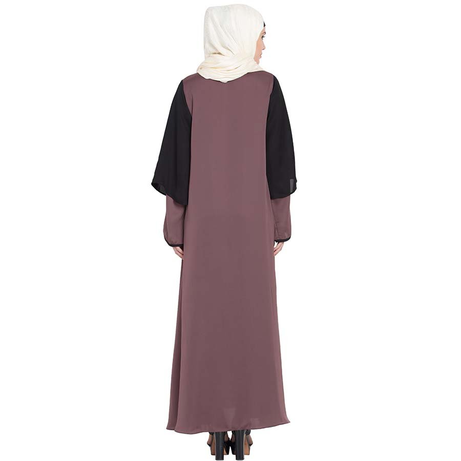 Nazneen Double Sleeve Pearl beaded Abaya Plum Brown Black