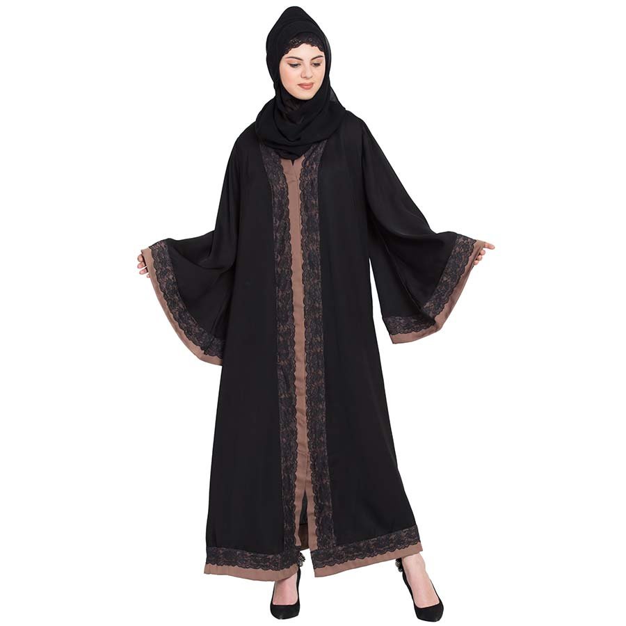 Nazneen Front open with lace and contrast band Dubai Kaftan Black Brown