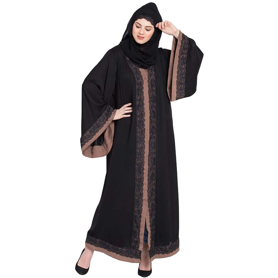 Nazneen Front open with lace and contrast band Dubai Kaftan Black Brown