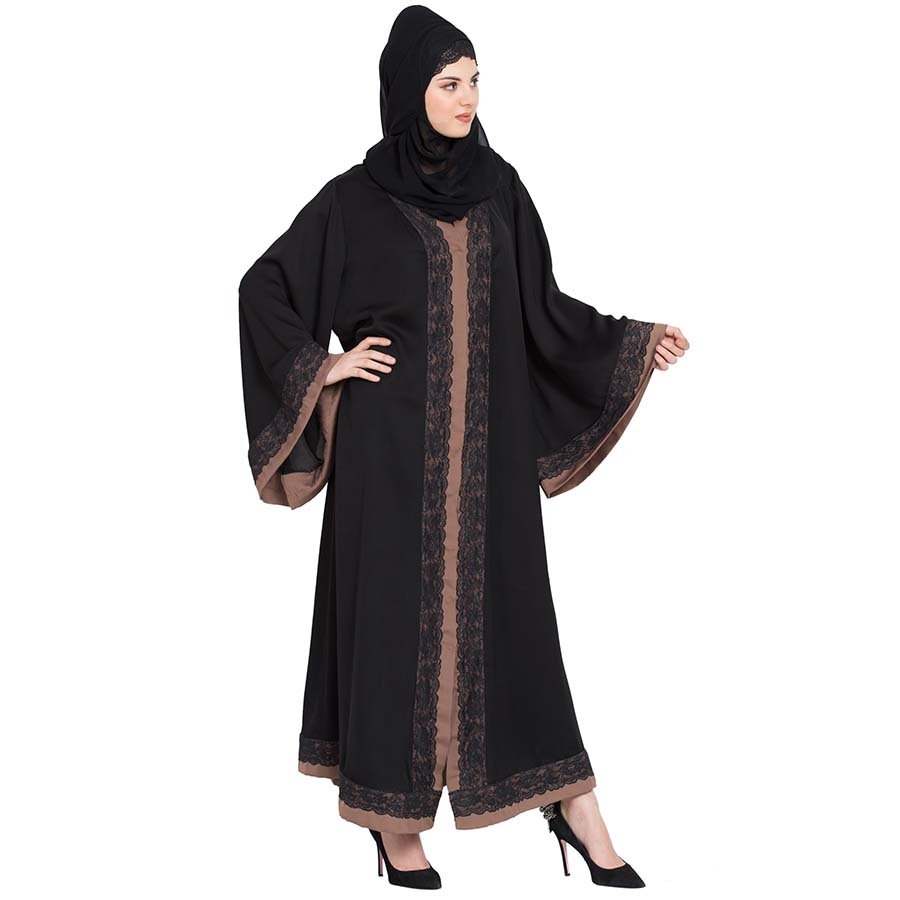 Nazneen Front open with lace and contrast band Dubai Kaftan Black Brown