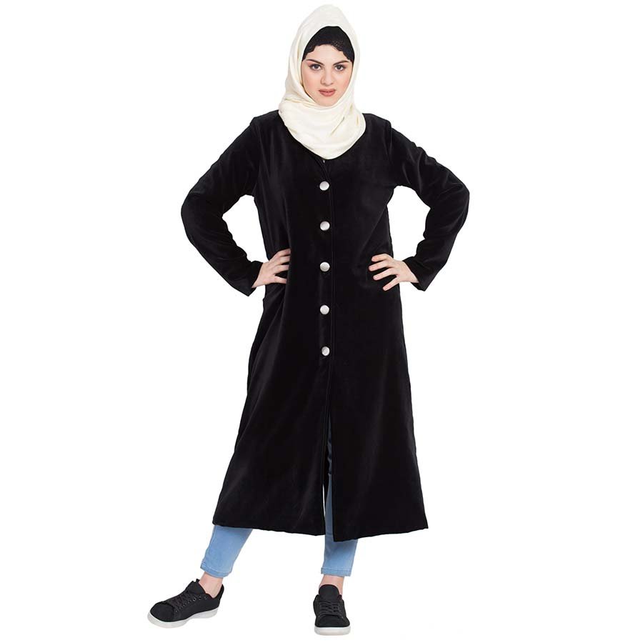 Nazneen Velvet Front open Coat Abaya Black