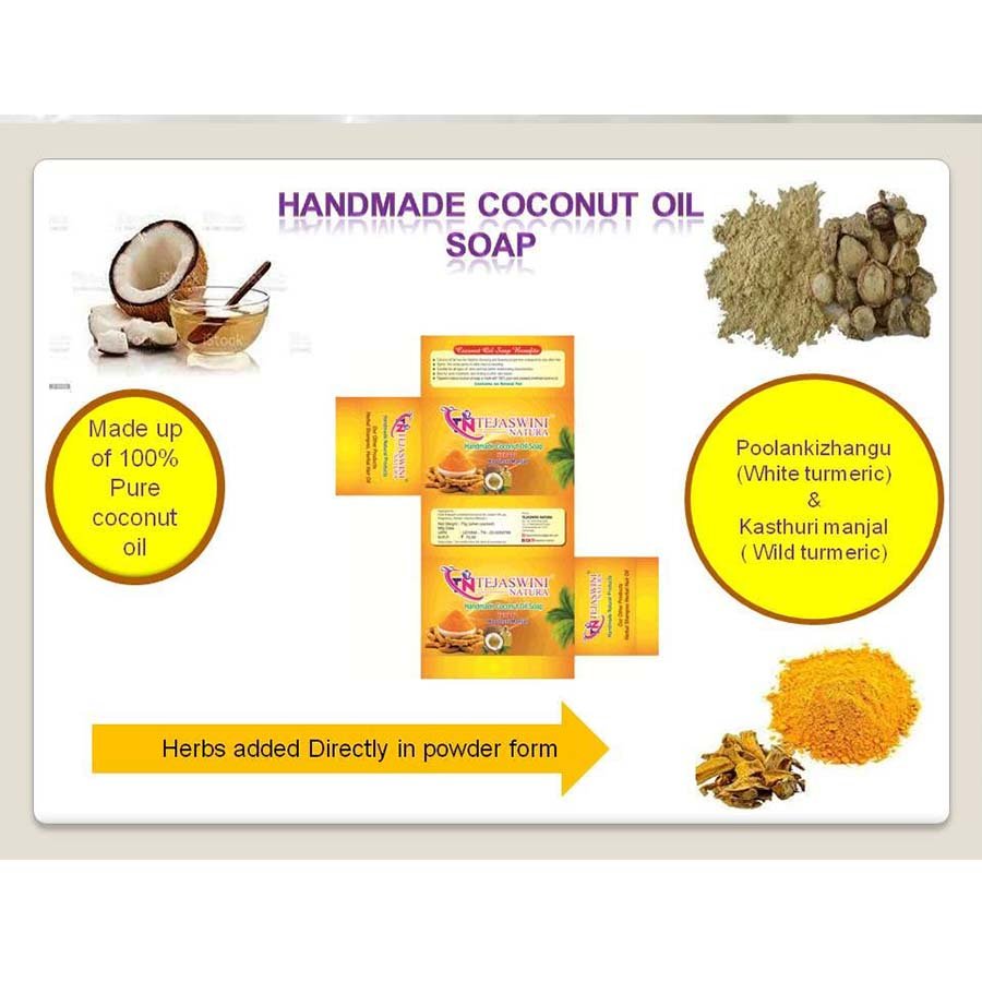 Tejaswini Natura Homemade Coconut Oil Soap POOLANKIZHANKU & KASTHURI MANJAL WHITE TURMERIC & WILD TURMERIC large pack 10 Nos x 75 grams - Pack Of 10