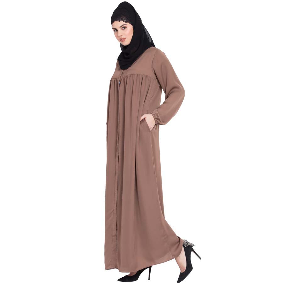 Nazneen Front Open gather at bust casual Abaya Coffee Brown
