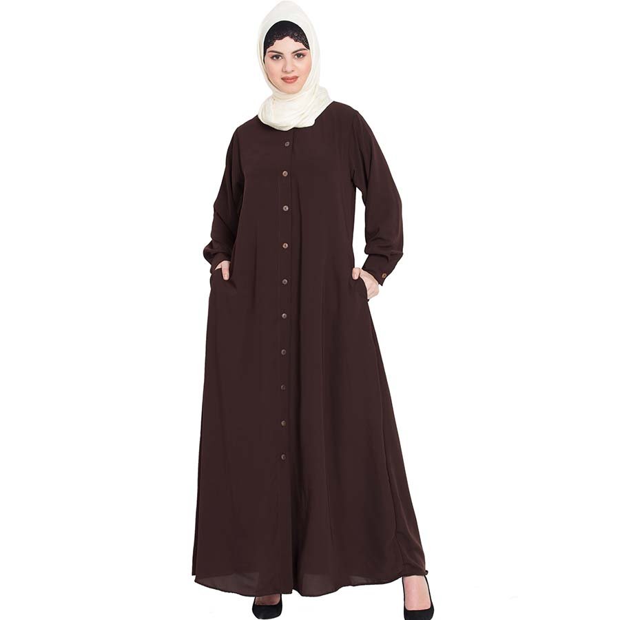 Nazneen Front open cuff and band casual Abaya Brown