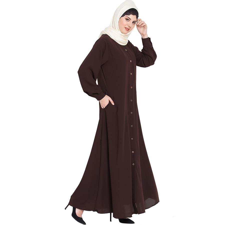 Nazneen Front open cuff and band casual Abaya Brown
