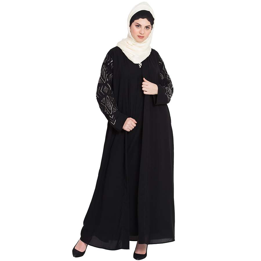 Nazneen Sleeve embroidered front open with Inner Abaya Black