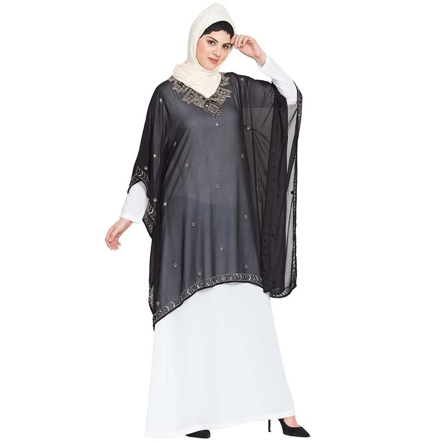 Nazneen double layer embellished Party Abaya Black White