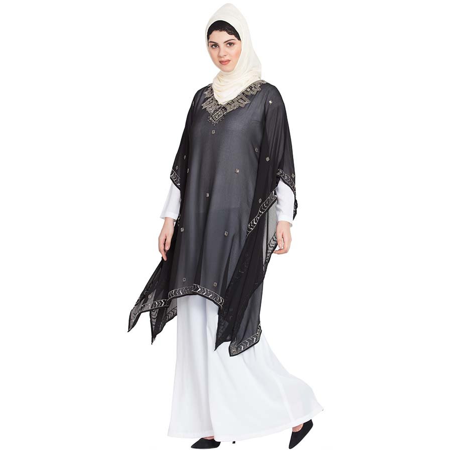 Nazneen double layer embellished Party Abaya Black White