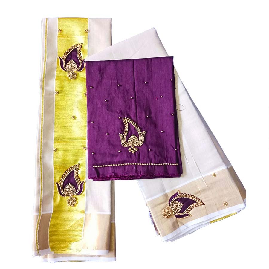 Bridal Embroidery Tissue Set Mundu Purple
