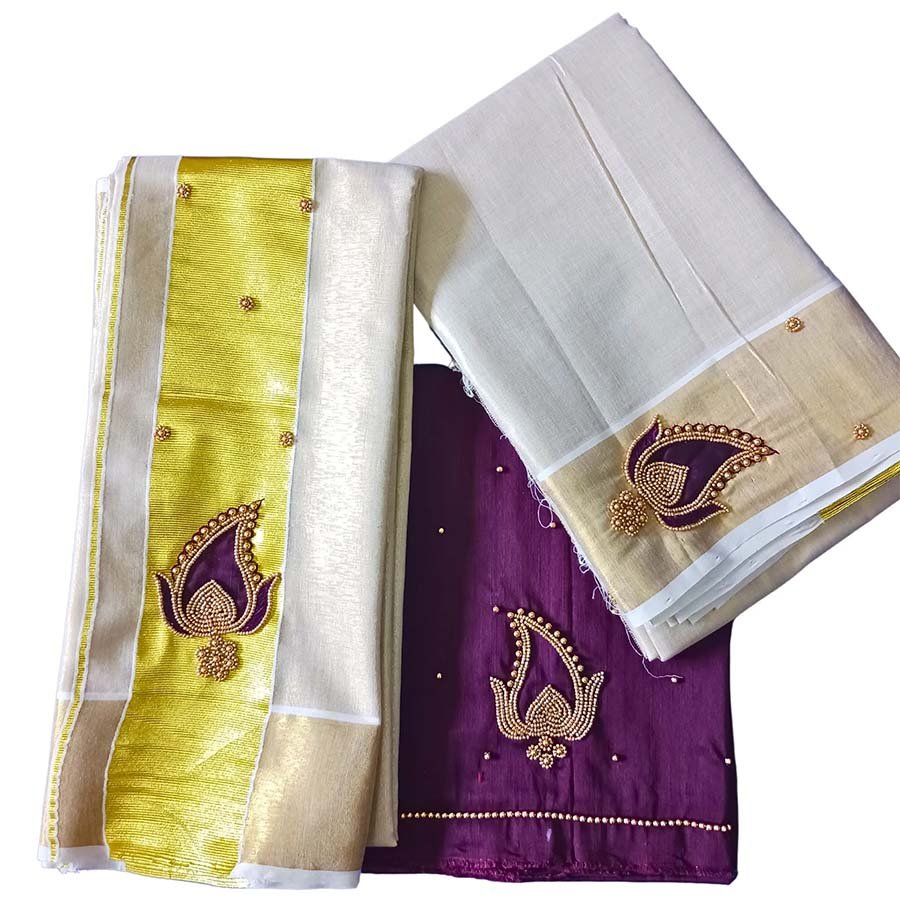 Bridal Embroidery Tissue Set Mundu Purple

