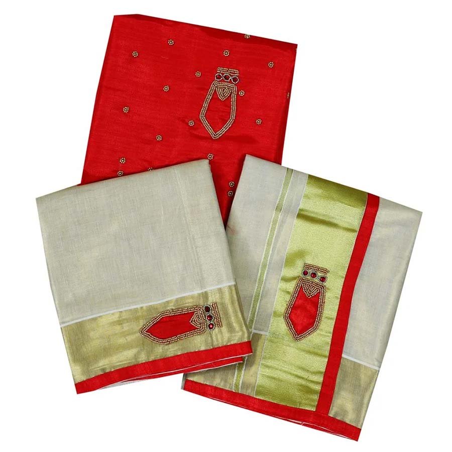 Traditional Nagapada Tissue Bridal Set Mundu Red
