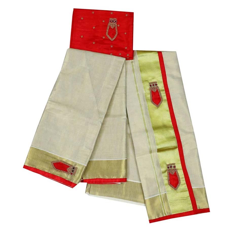 Traditional Nagapada Tissue Bridal Set Mundu Red
