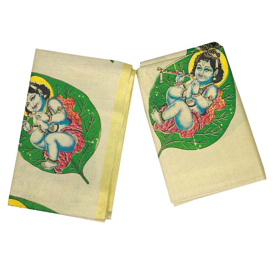 Tissue Set Mundu With Krishna Mural Print
