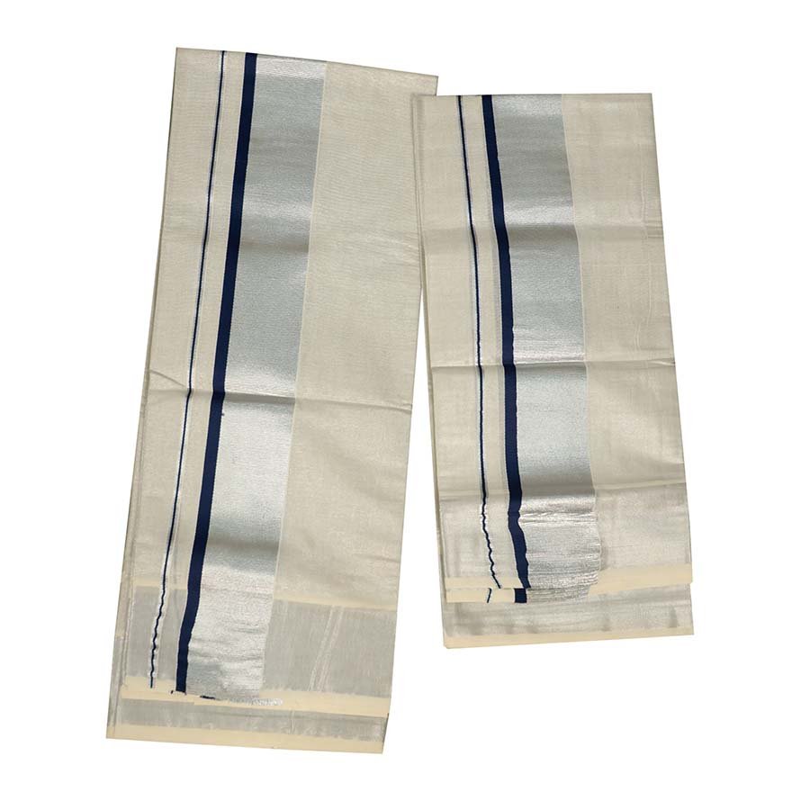 Silver Tissue Set Mundu With Navy Blue Kara
