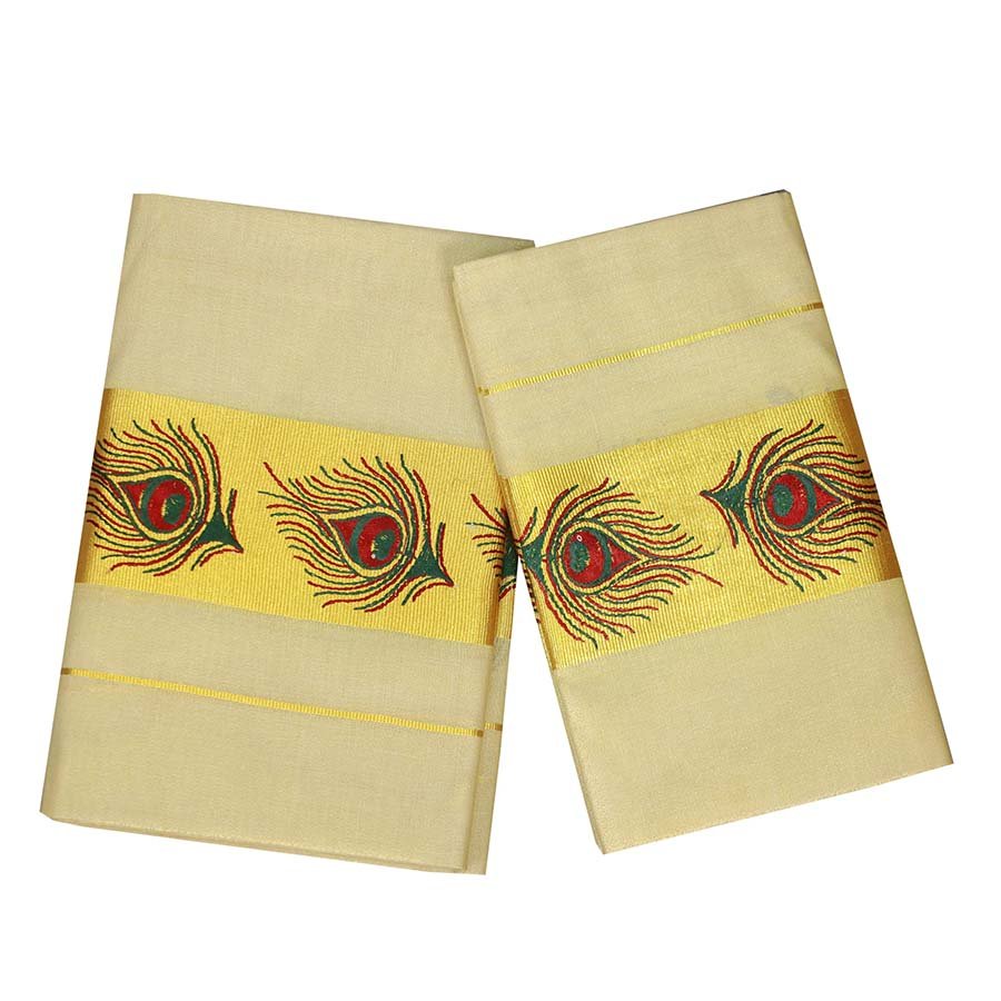 Special Golden Tissue Set Mundu with Jaquard Design
