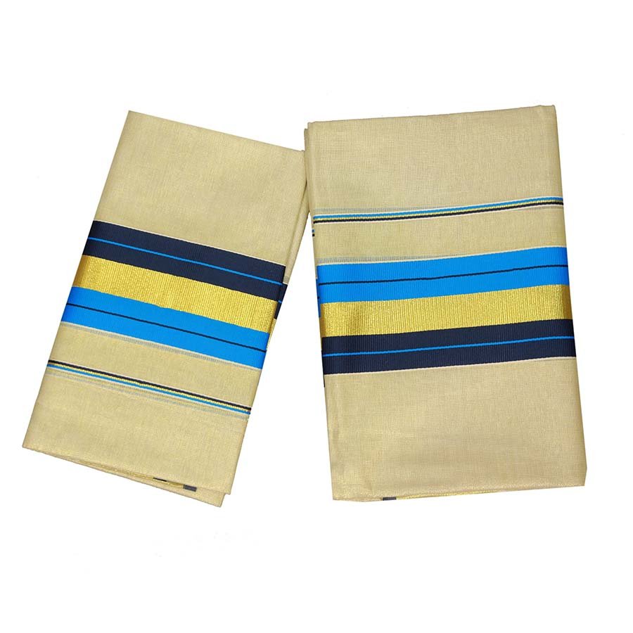 Golden Tissue Set Mundu with Blue and Black Border
