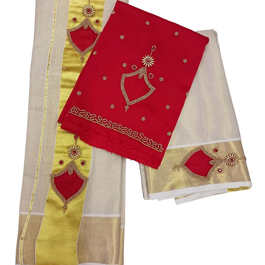 Bridal Palakka Embroidery Tissue Set Mundu
