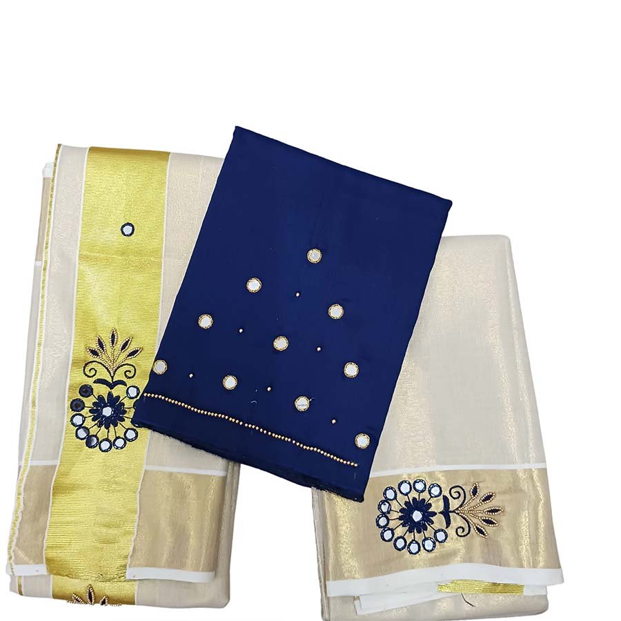 Bridal Embroidery Tissue Set Mundu Blue

