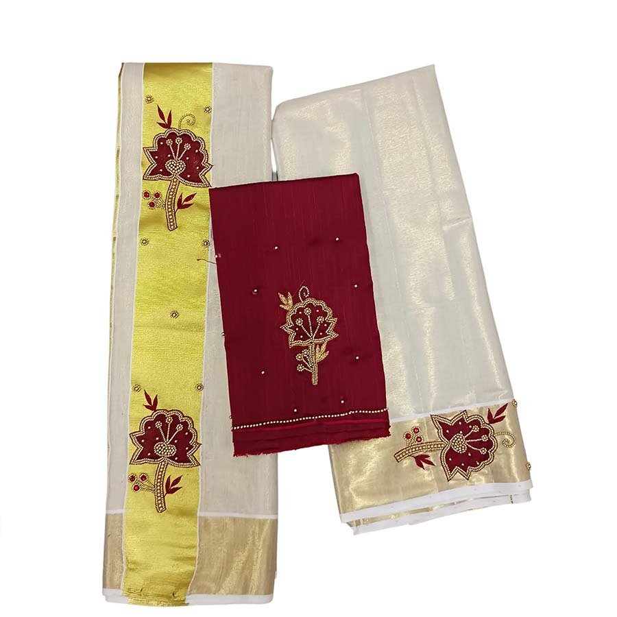 Bridal Embroidery Tissue Set Mundu Maroon
