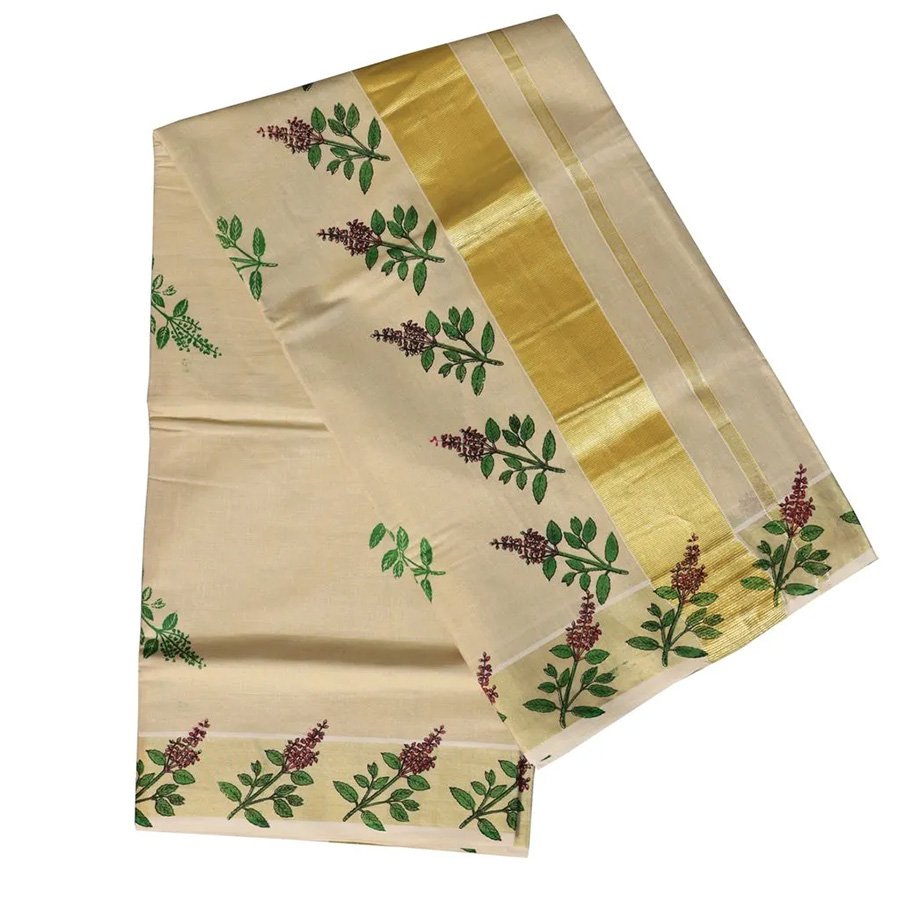 Kerala Tissue Saree With Tulasi Kathir Print
