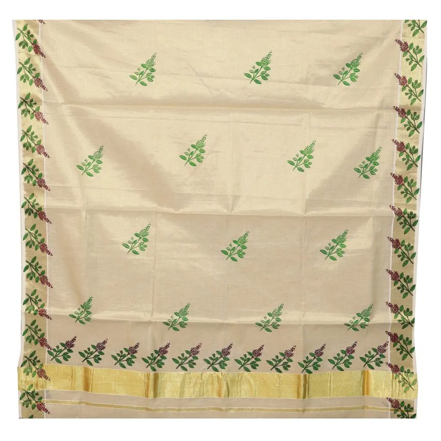 Kerala Tissue Saree With Tulasi Kathir Print
