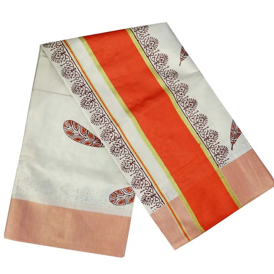 Kerala Kasavu Tissue Saree With Leaf Block Print
