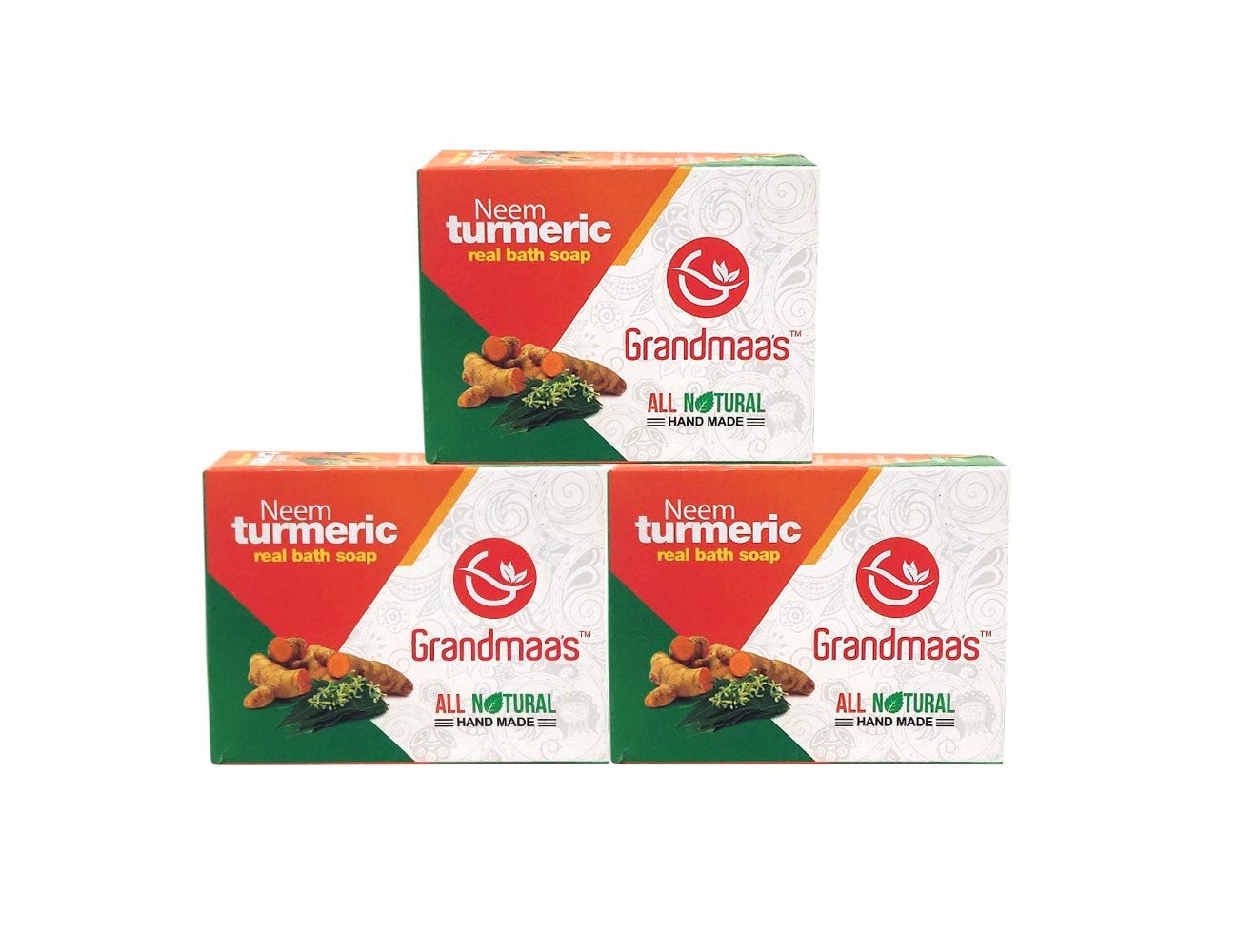 Grandmaas All Natural Handmade Neem Turmeric Bath Soap - Pure Extract of Neem Leaf and Turmeric - Herbal Skin Care Real Bath Soap 100 Gm  x 3 Pack
